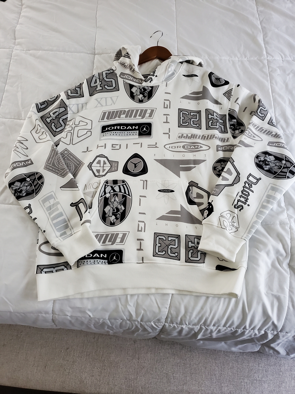 Jordan White Hoodie with Gray and Black Logo Print